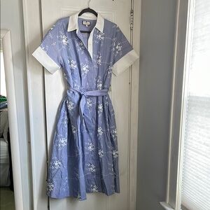 Tuckernuck Blue A-Line embroidered Midi Dress with Notched Collar